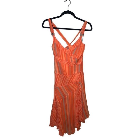 Bebe 100% Silk Orange Retro Print Asymmetrical Hem Dress - Picture 4 of 12
